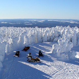 Snowmobilers and snowy trees in La Rédemption, in Gaspésie